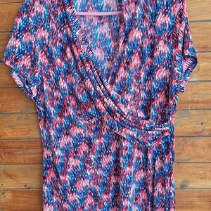 Dkny Blue Red Short Sleeve Wrap Blouse